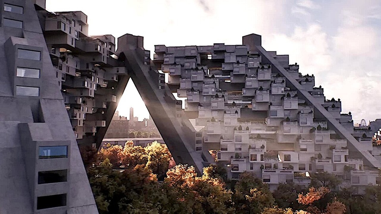 Unreal engine-video zeigt, wie habitat 67 ursprünglich geplant war
