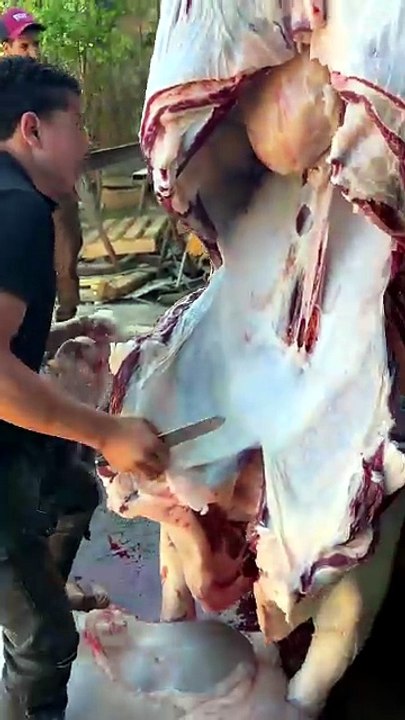 جزار يستعرض مهاراته في تقطيع الأضحية