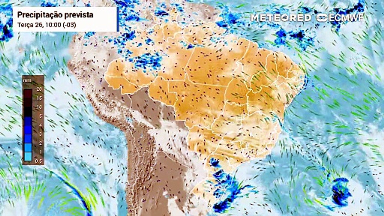 Terça-feira, 26 de maio: Precipitação e nebulosidade prevista para o Brasil nos próximos dias.