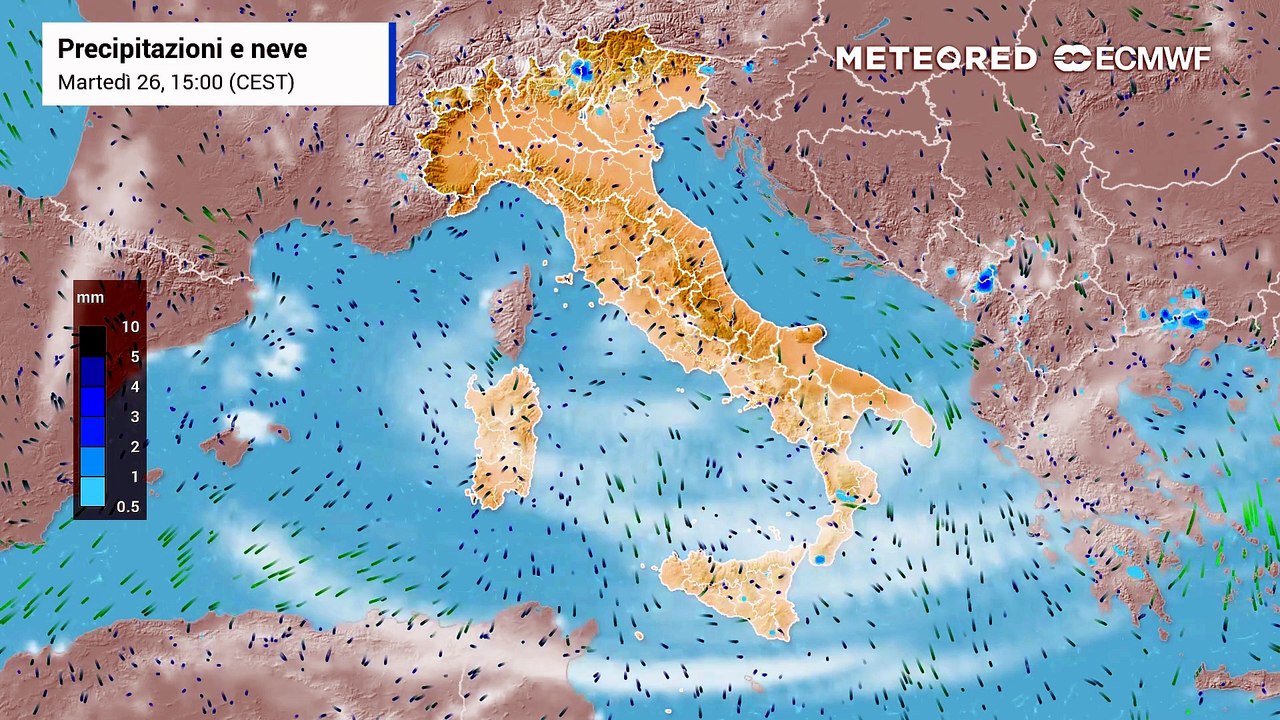 Mappa relativa a nubi e piogge previste per i prossimi giorni