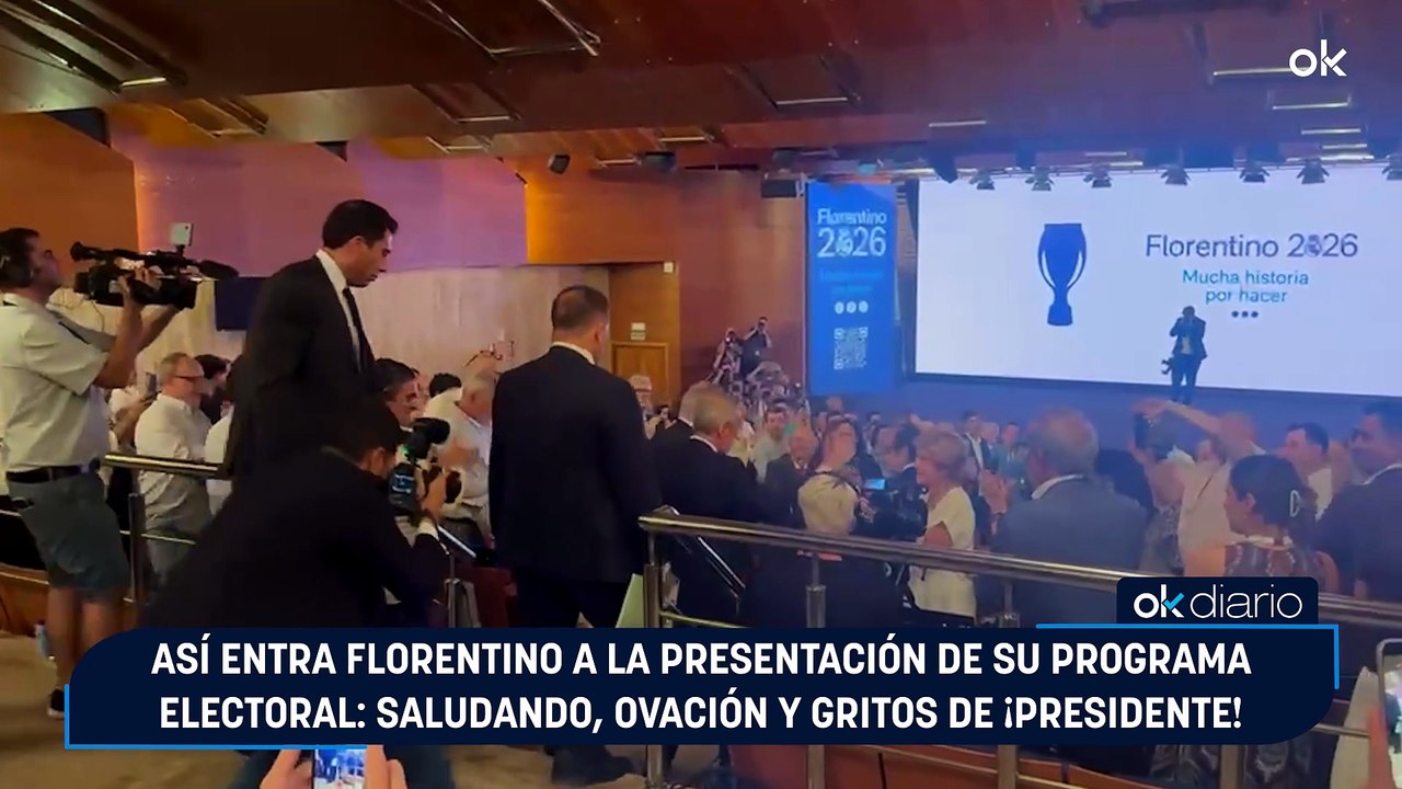 Así entra Florentino a la presentación de su programa electoral: saludando, ovación y gritos de ¡presidente!