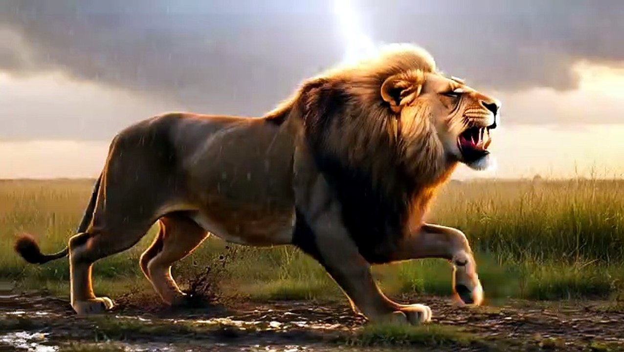 Lion hunts in slow-motion thunderstorm