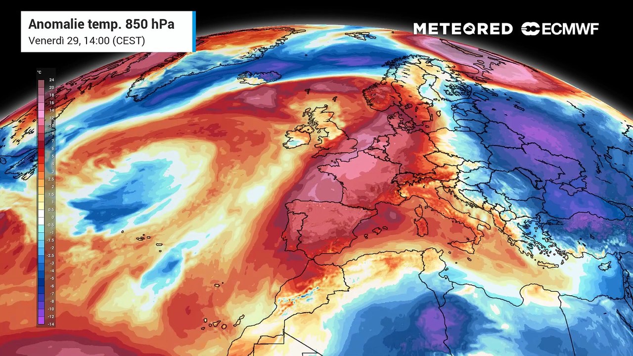 L'anomalia termica che ha interessato l'Europa in questa fine di maggio, tenderà ad esaurirsi sugli stati centrali, mentre l'anticiclone continuerà a mantenere temperature sopra media su quelli meridionali.
