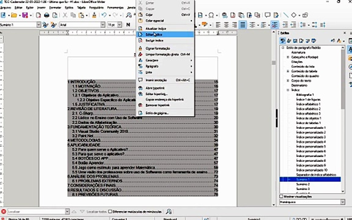 Como fazer um Sumario no libre office
