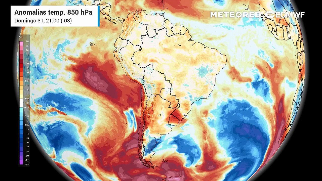 Domingo, 31 de maio: anomalias de temperatura de 850 hPa (massas de ar)