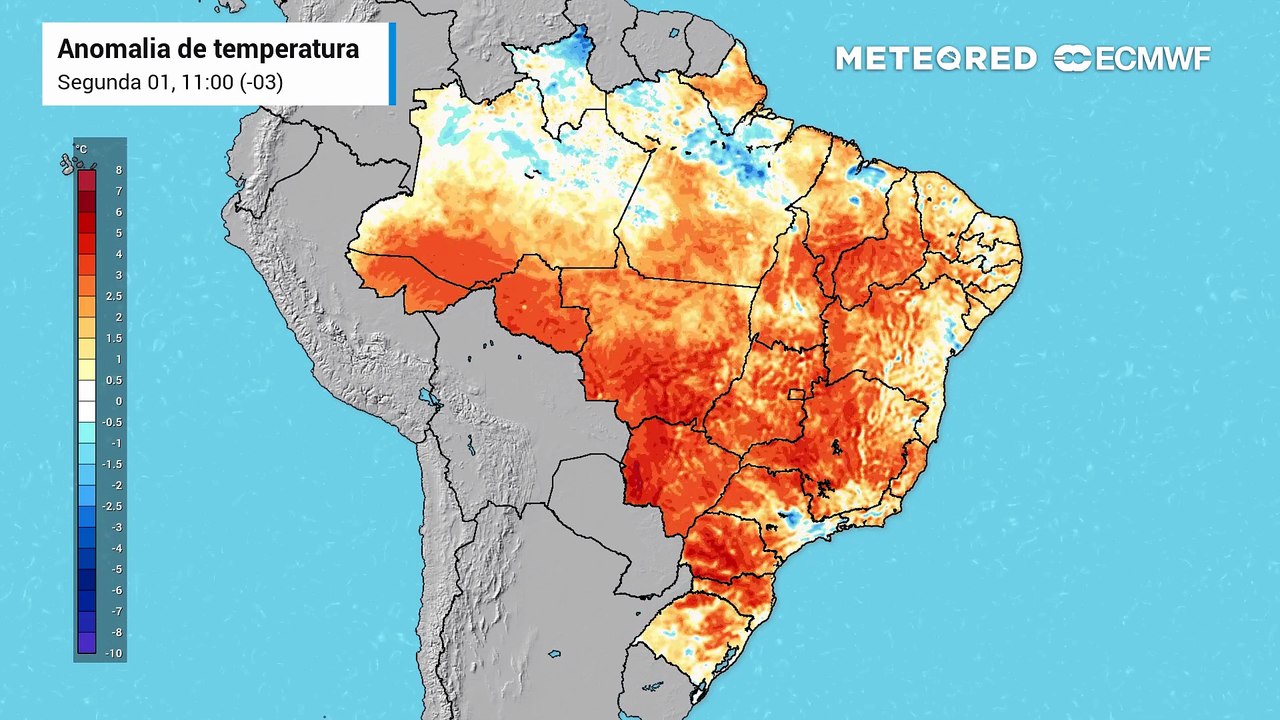 Segunda-feira, 1 de junho: previsão de anomalia de temperatura