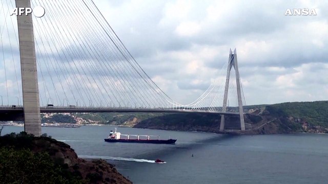 Grano, la nave con i cereali partita da Odessa attraversa il ponte sul Bosforo