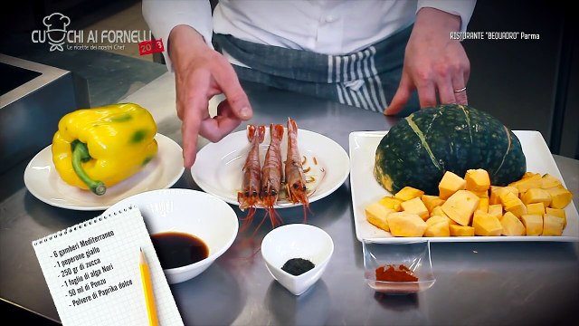 CRUDO DI GAMBERI ZUCCA E PEPERONE GIALLO - BEQUADRO PARMA | CRUDO DI GAMBERI ZUCCA E PEPERONE GIALLO - BEQUADRO PARMA