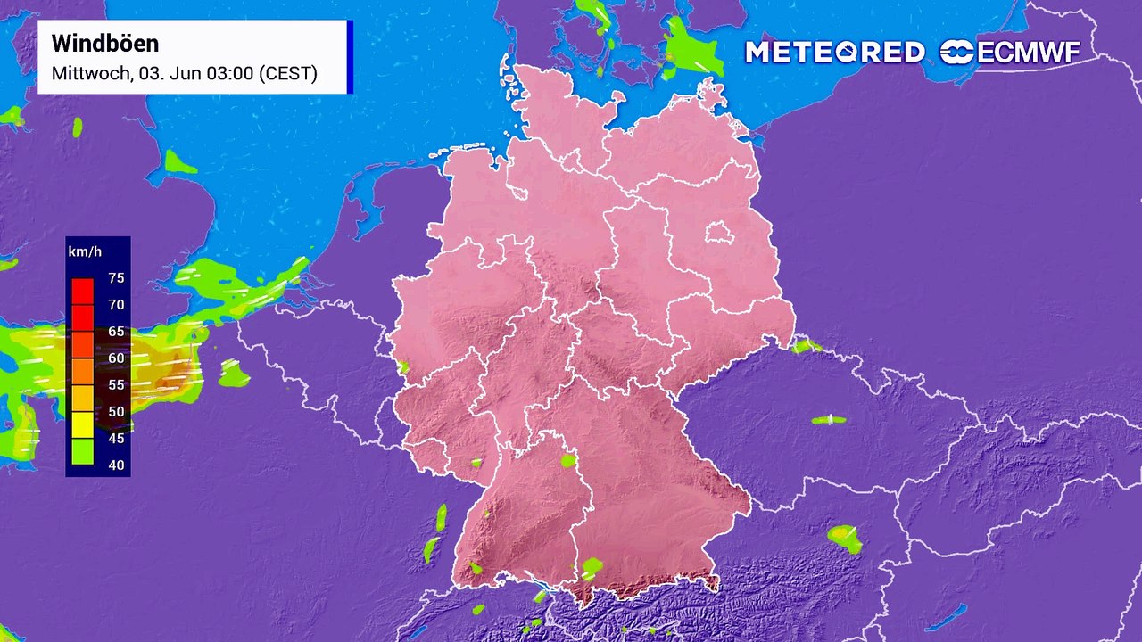 Turbulente Bodenströmung am Donnerstag: Während im Westen bereits abseits der eigentlichen Schauer ein stark böiger Südwestwind anzieht, drohen im Bergland und im Bereich der Gewitterzellen schwere Sturmböen mit Geschwindigkeiten von bis zu 100 km/h.