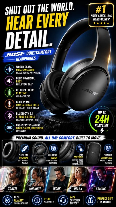 Bose QuietComfort Wireless ANC Headphones –Premium Noise Cancelling Bluetooth Headset with Deep Bass