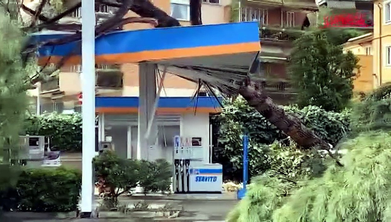 Maltempo a Roma, albero si abbatte su un distributore di carburante