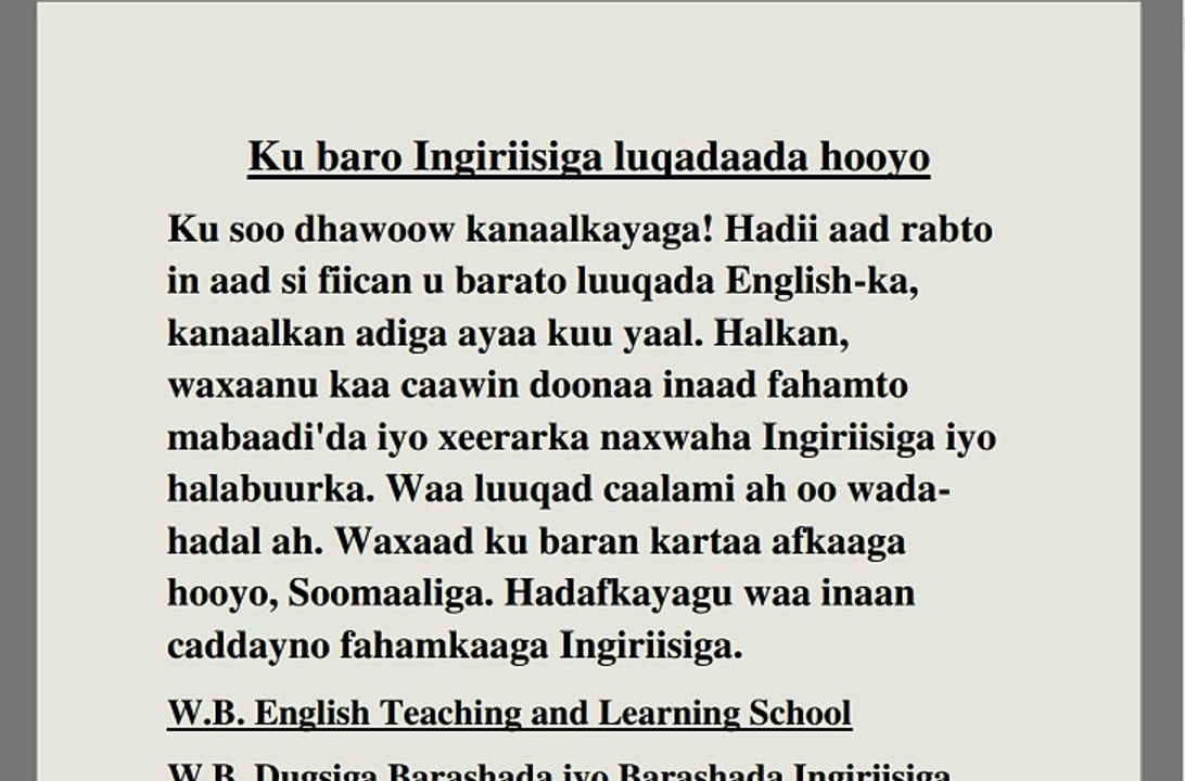 Ku baro Ingiriisiga luqadaada hooyo(baro qaybaha hadalka) Afkaaga hooyo