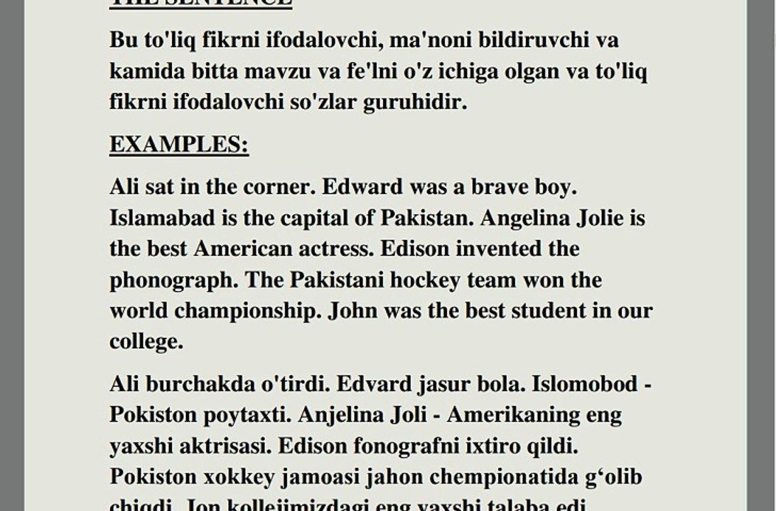 Ingliz Tilini O'zbek Tilida O'rganing(gap va gap turlarini bilib oling)ona tilida