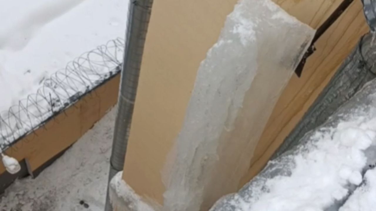 Icicle Falls From Building And Strikes A Window Below