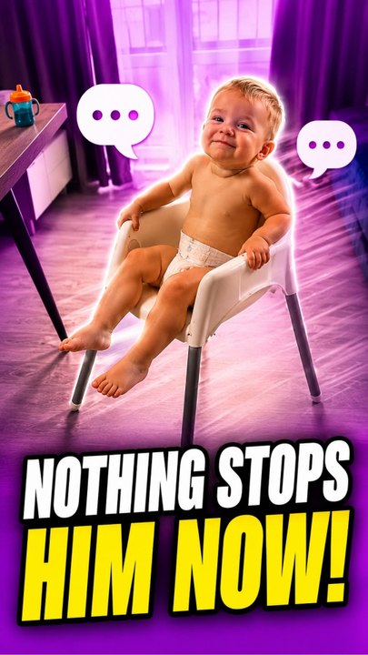 The little boy turns his baby chair into transport to reach the table