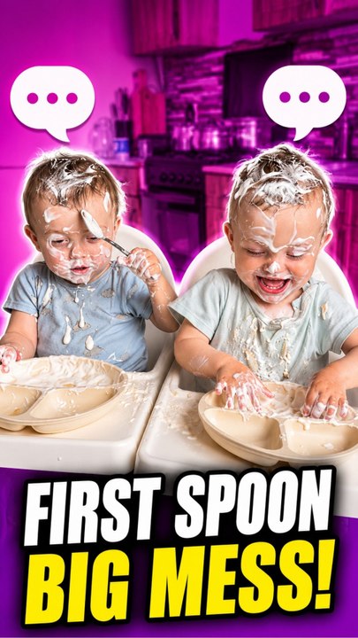 The twin toddlers make a huge mess while trying yogurt with spoons