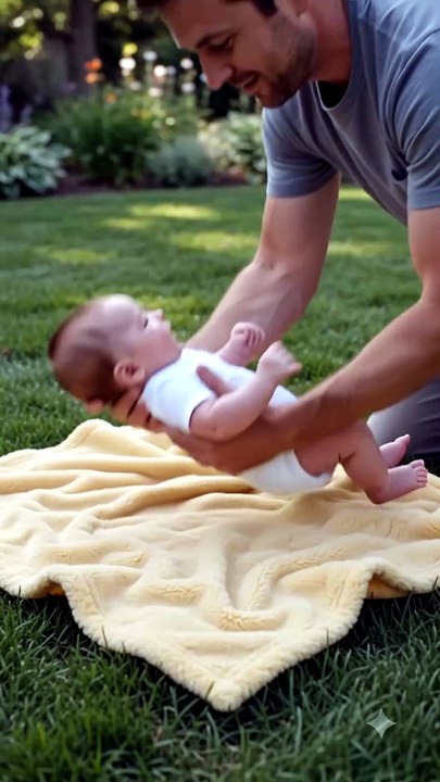 Dog tries to lick peanut butter off baby's foot in the backyard