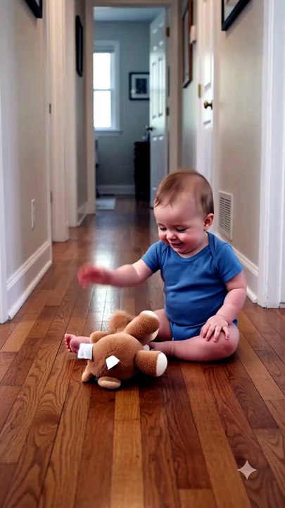 Dog gently retrieves a dropped toy in the hallway