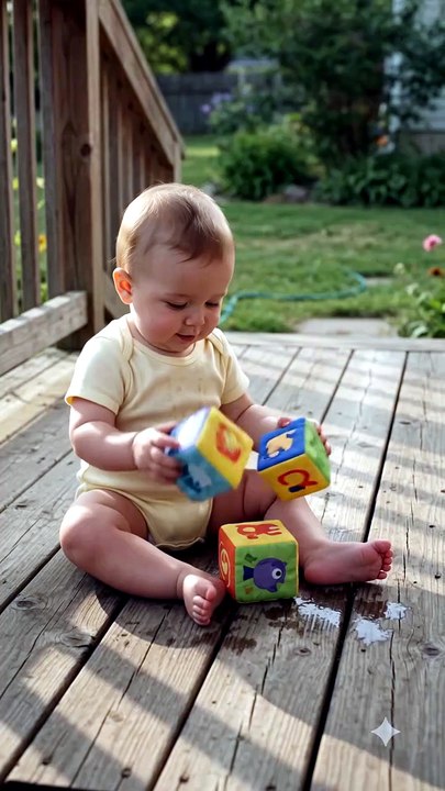 Baby startles when dog shakes off water on the porch