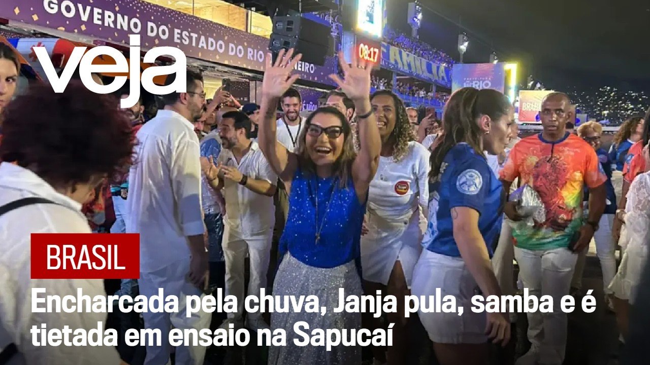 Encharcada pela chuva, Janja pula, samba e é tietada em ensaio na Sapucaí