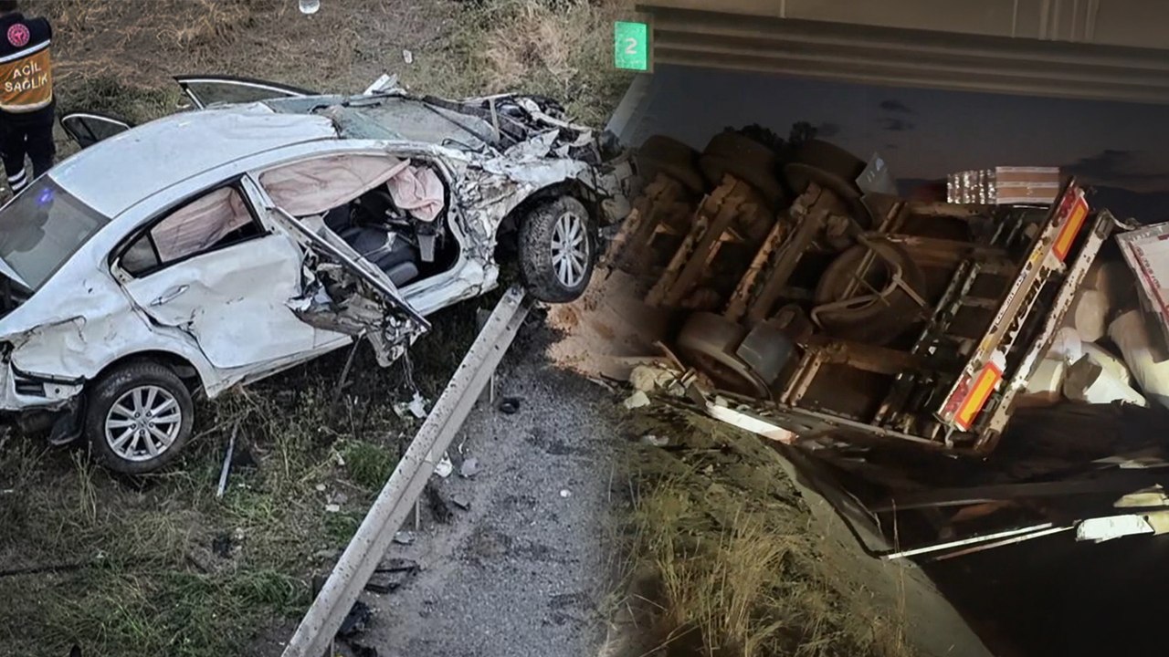 Lastiği patlayan TIR kontrolden çıktı, otomobile çarpıp hurdaya çevirdikten sonra devrildi