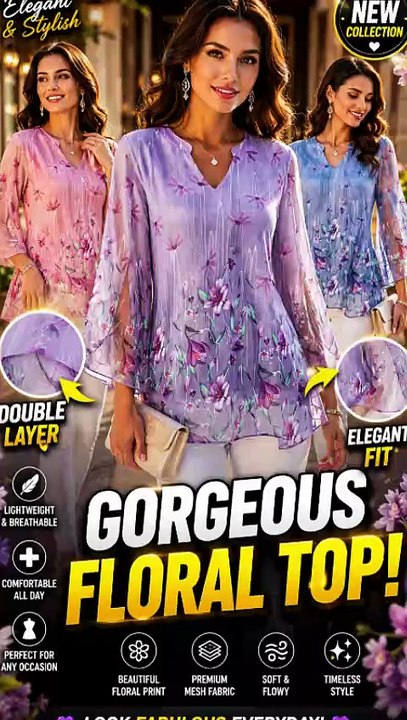 VALOLIA Floral Tunic Top | Elegant Double Layer Mesh Blouse for Women
