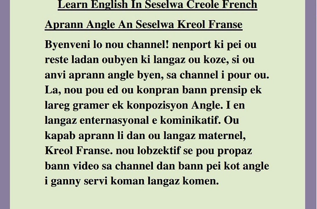 Aprann Angle An Seselwa Kreol Franse(Lalis Konteni)dan langaz maternel