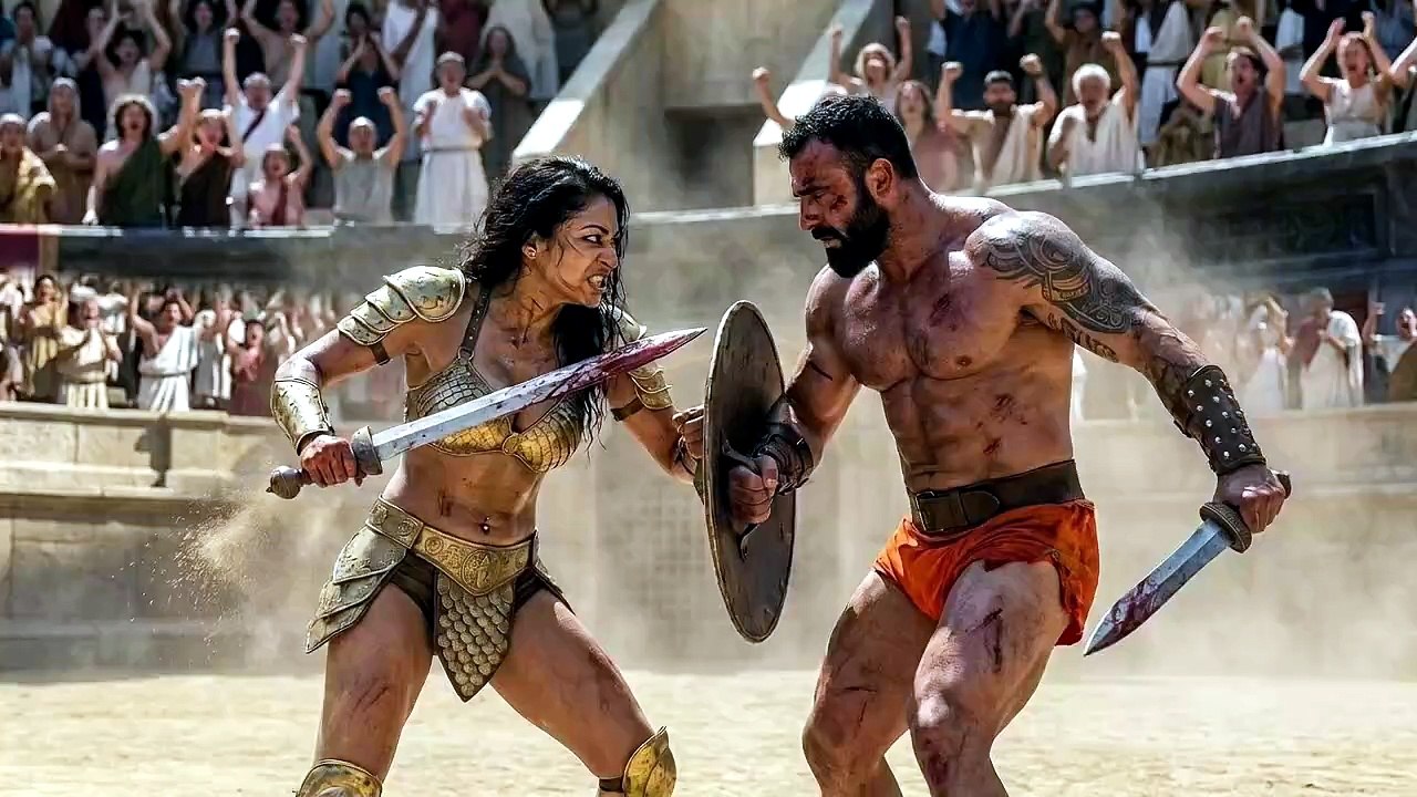 Female gladiator dominates her male opponent