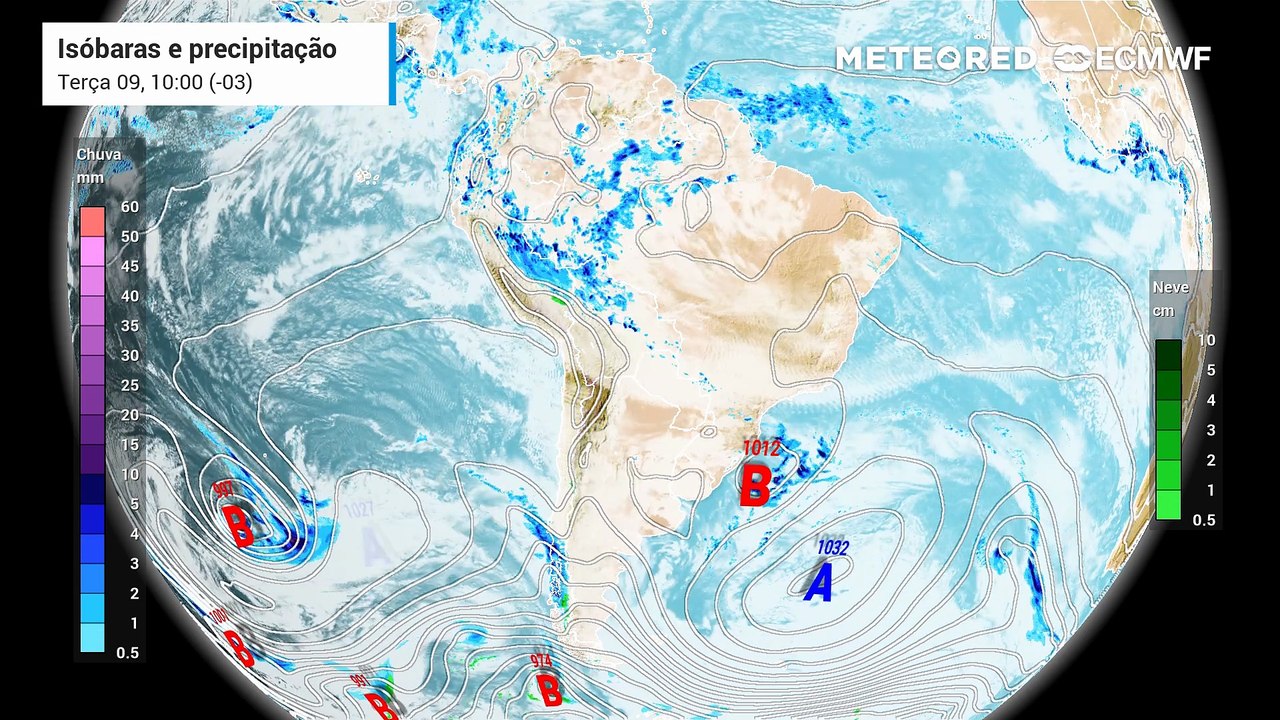 Terça-feira, 9 de junho: Previsão de nebulosidade, chuva e pressão a nível médio do mar para os próximos dias.