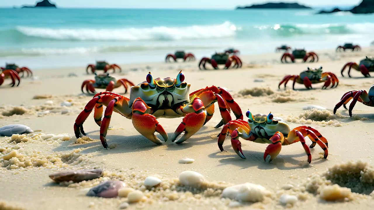 夏の海岸で蟹がうろうろしている