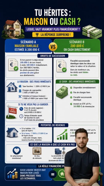 Hériter d'une maison vs hériter de 200 000€ en cash.