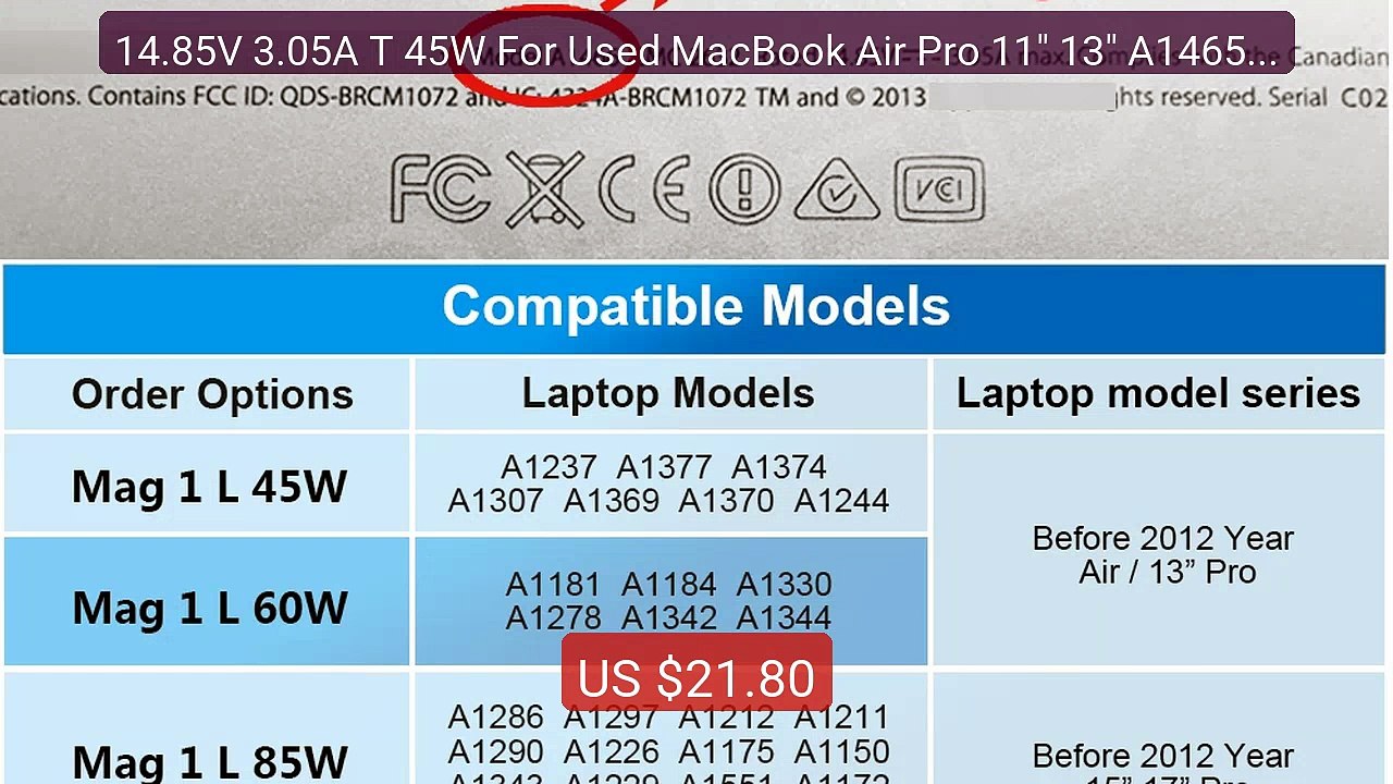 14.85V 3.05A T 45W For Used MacBook Air Pro 11"...