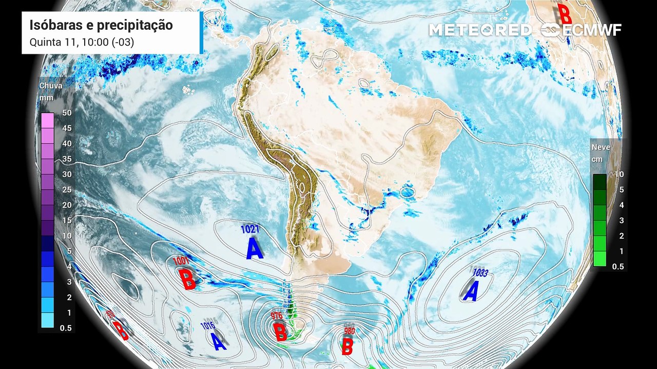Quinta-feira, 11 de junho: Previsão de precipitação e isolinhas de pressão