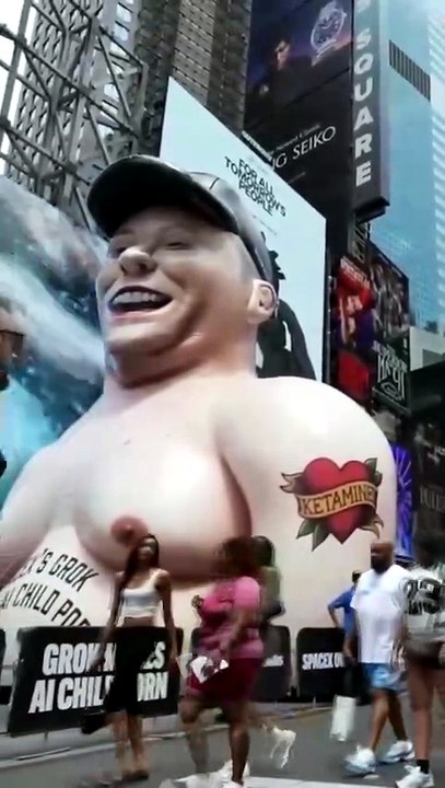 Un Musk gigante toma Times Square como protesta contra pornografía generada con IA.