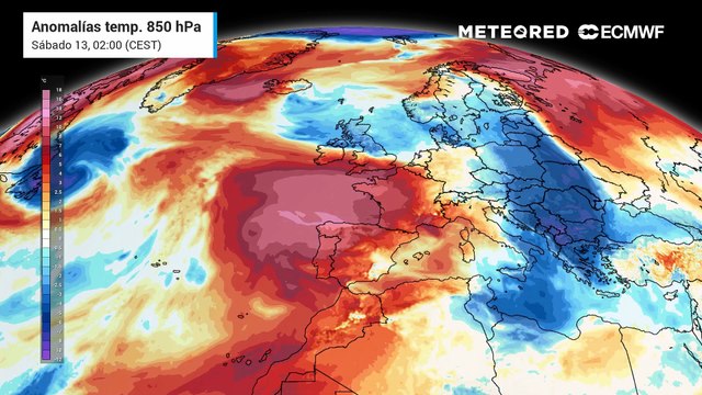 Anomalías de temperatura previstas a unos 1500 metros de altura, delatando la posición de las masas de aire más cálidas