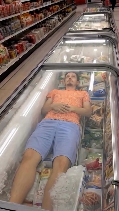 Chilling in the Freezer! 😂 Guy Relaxes in Grocery Store