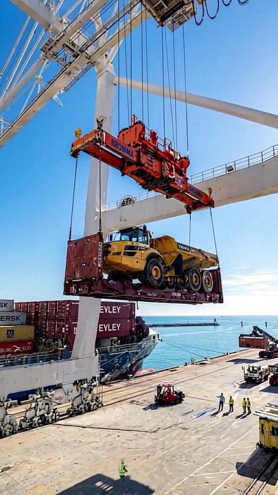 Giant Port Crane Lifts a Massive Dump Truck Onto a Cargo Ship! 🚢🏗️