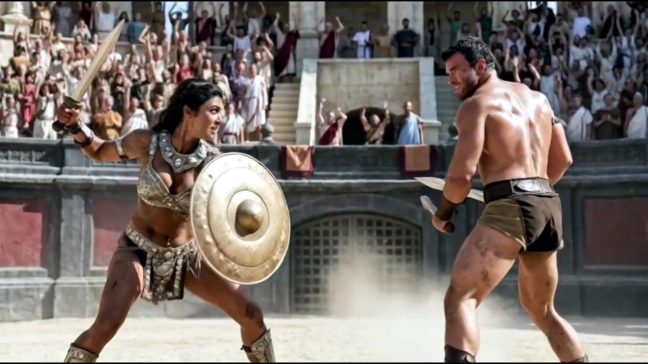 A female gladiator defeats a male gladiator in duel