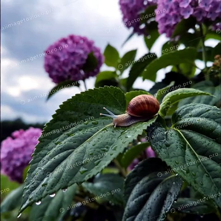梅雨時に紫陽花の葉にカタツムリが乗っている
