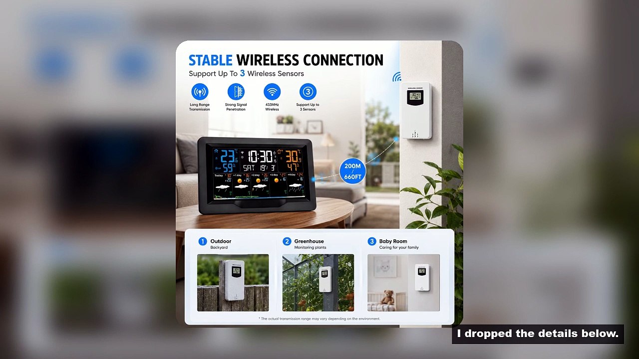 HoldPeak Wireless Weather Station WiFi Connected 7.5 Inch LCD Screen Indoor Outdoor Temp Humidity Ga