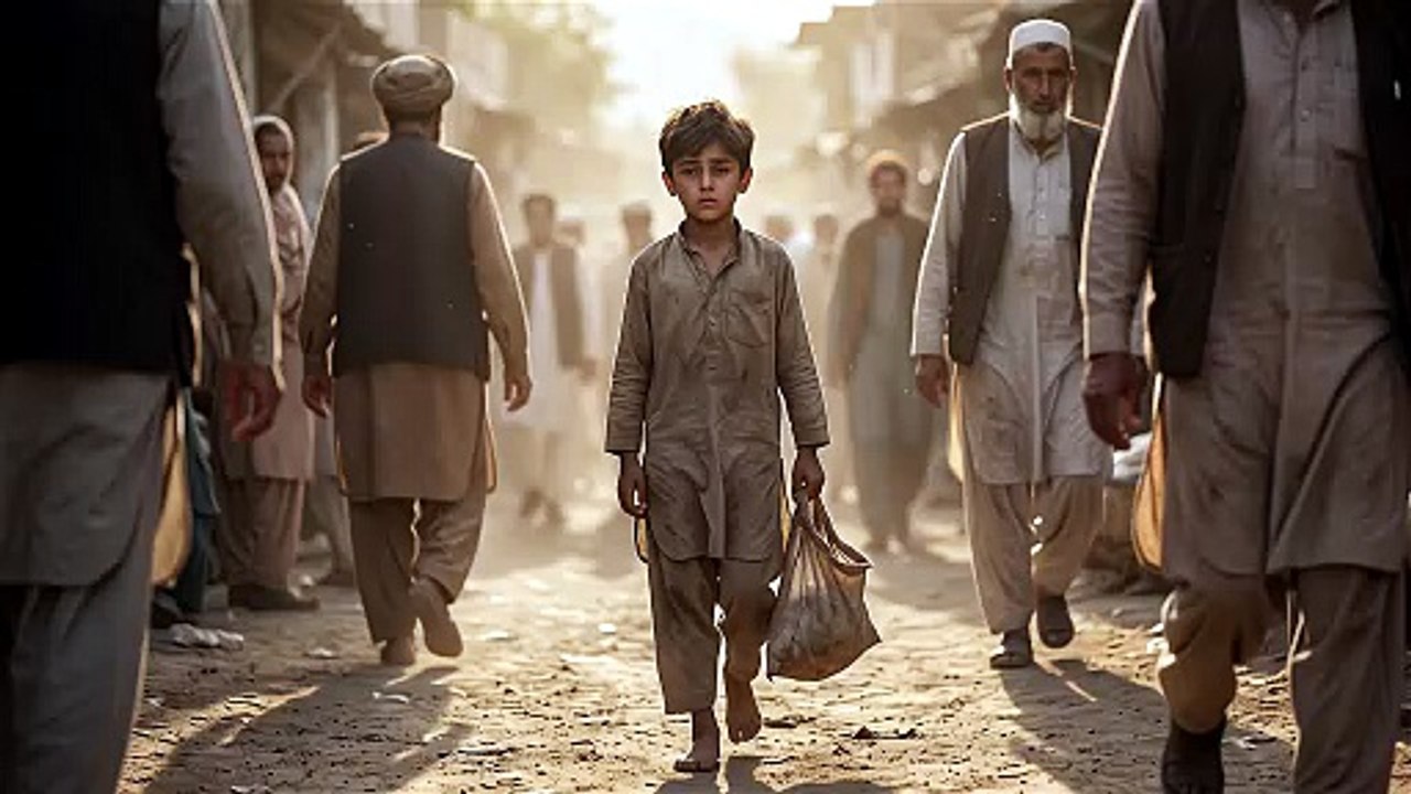 poor boy walking a street