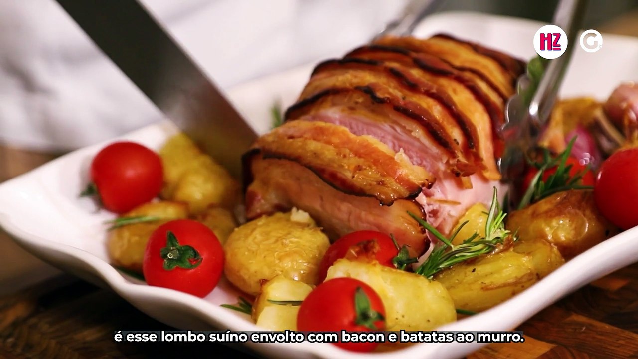 Lombo de porco assado com bacon e batatas ao murro