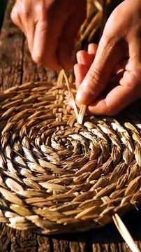Reed Fibers Woven Into Spiral Pattern 🌾✨ Satisfying Craft Process