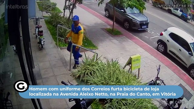 Homem com uniforme dos Correios furta bicicleta em loja na Praia do Canto, em Vitória