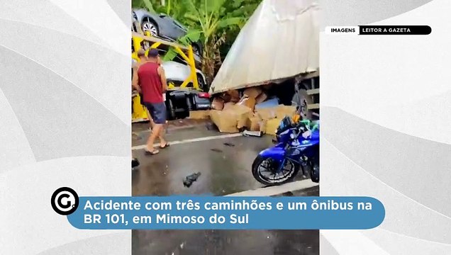 Acidente com três caminhões e um ônibus na BR 101, em Mimoso do Sul