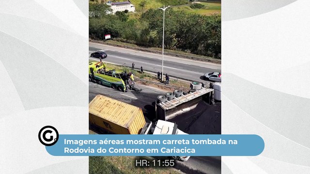 Imagens aéreas mostram carreta tombada na Rodovia do Contorno em Cariacica