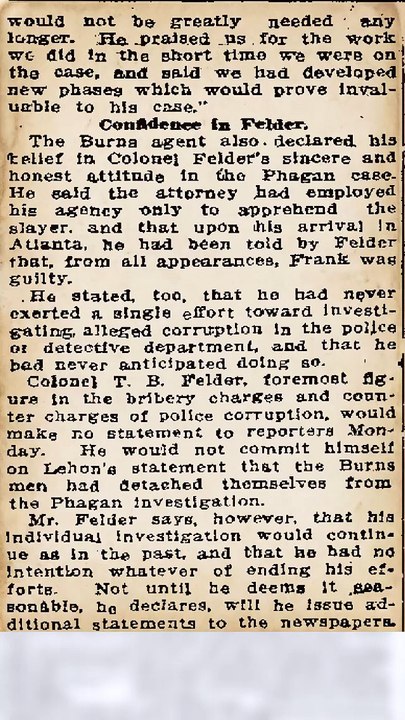 Tuesday, 27th May 1913 Burns Agency Quits the Phagan Case; Tobie Leaves Today