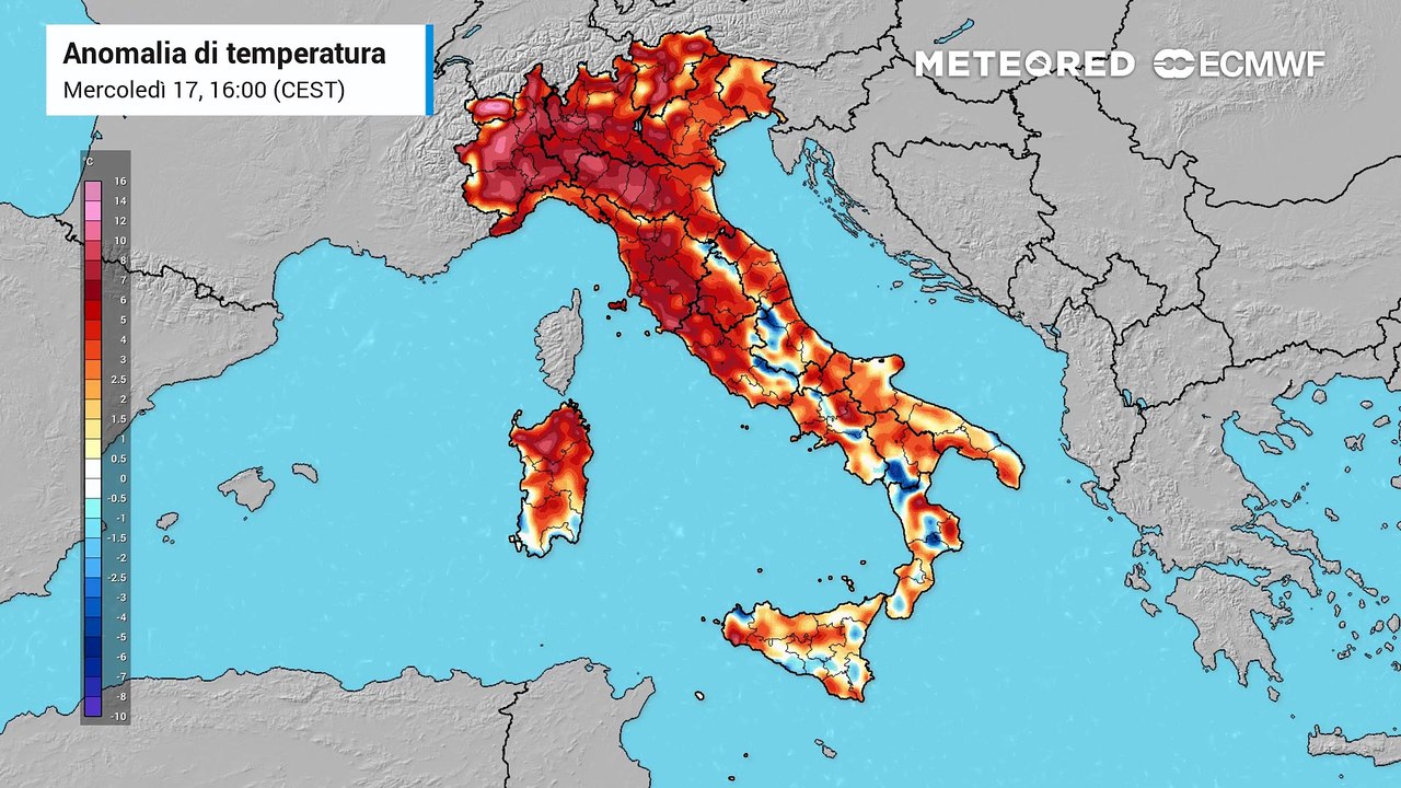 Mappa relativa alle anomalie di temperatura previste nei prossimi giorni