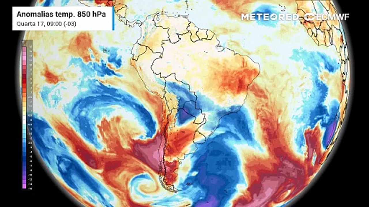 Quarta-feira, 17 de junho: Anomalia de temperatura em 850 hPa.