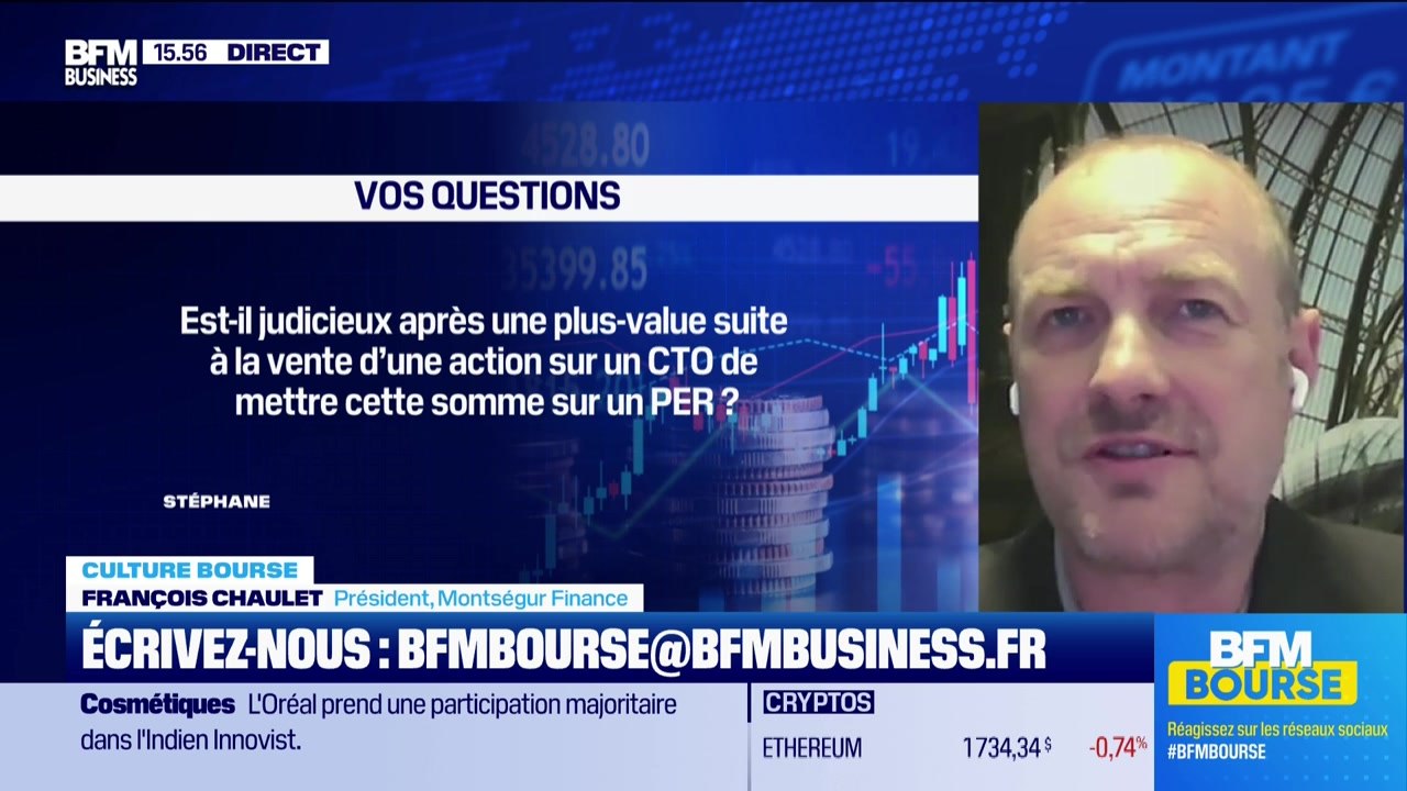 Culture Bourse : « Est-il judicieux après une plus-value suite à la vente d’une action sur un CTO de mettre cette somme sur un plan PER ? TMI 30 %. / 62 ans / et pas besoin de cet argent dans l’immédiat », par Gwendal Daubresse-Chasle - 18/06